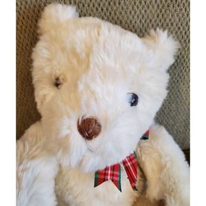 Chosun International Inc. White Bear Plush Toy with Red Plaid Bow Rare HTF